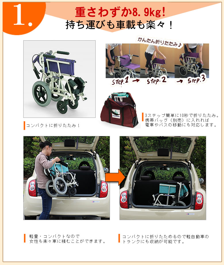 超軽量折りたたみ携帯 介助用車椅子 旅ぐるまKA6（ノーパンクタイヤ 