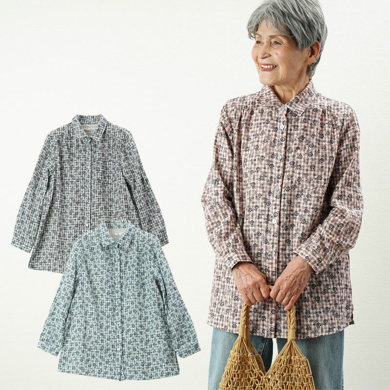 花チェック柄ダブルガーゼシャツブラウス