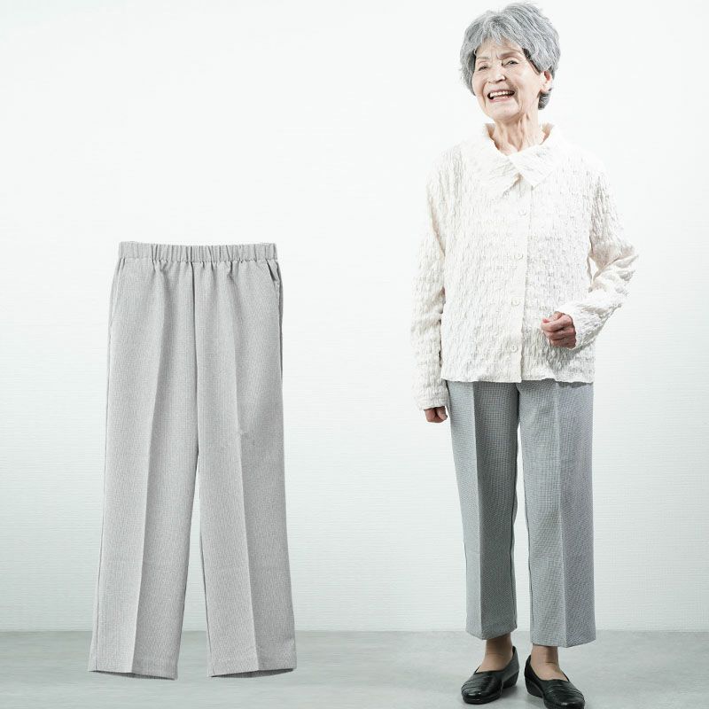 春夏用 乾燥機対応 UVカット 千鳥格子柄スラックスパンツ 股下63cm