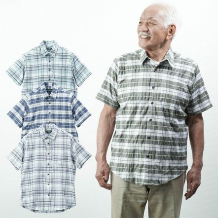完璧すぎるが故三度も 涼感しじら織り 長袖ポロシャツと裾リブパンツの上下 チェック柄 服＆ファッション小物