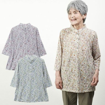 日本製 花柄ボーダー 起毛 ハイネック カットソー