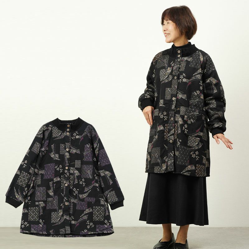 あったか 裏フリース 古布調和柄 長袖 前開き スモック