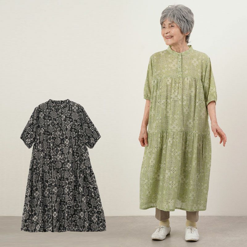 【25日限定3万円】taion 沖縄 トロピカルブーゲン ティアード ワンピース ドロストティアードワンピース（ブラック/カーキ/ブルー