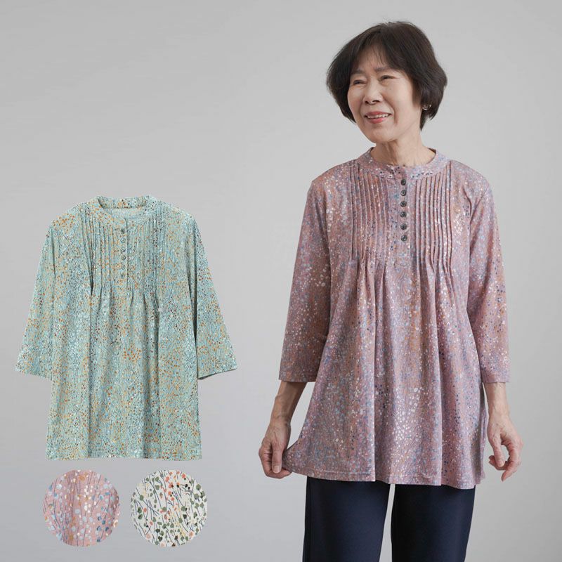 花柄 ピンタックストレッチ 七分袖ブラウス