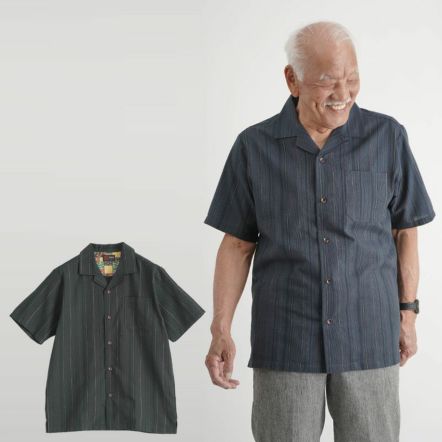 涼感しじら織り チェック柄 長袖ポロシャツと裾リブパンツの上下