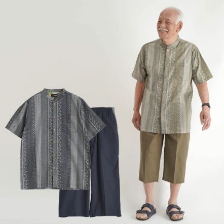 豊富な商品から 綿混 しじらボーダー 部屋着上下セット 半袖シャツと七分丈ズボン 服＆ファッション小物